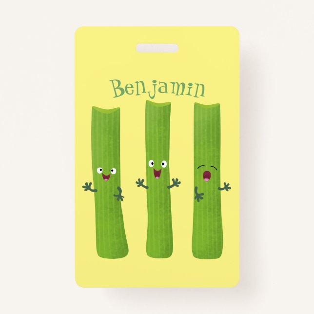 Cute celery sticks trio cartoon vegetables badge (Front)