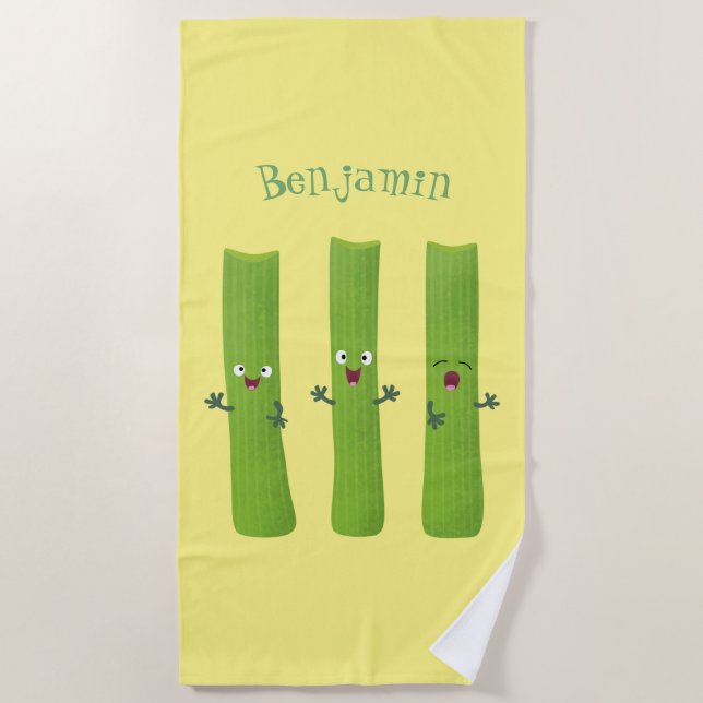 Cute celery sticks trio cartoon vegetables  beach towel (Front)