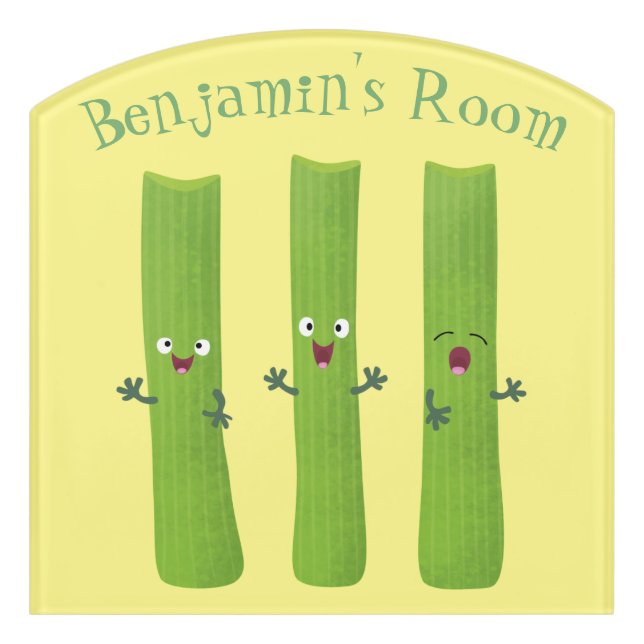 Cute celery sticks trio cartoon vegetables door sign (Contour Front)