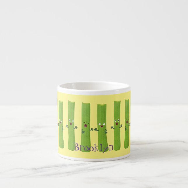 Cute celery sticks trio cartoon vegetables espresso cup (Front)