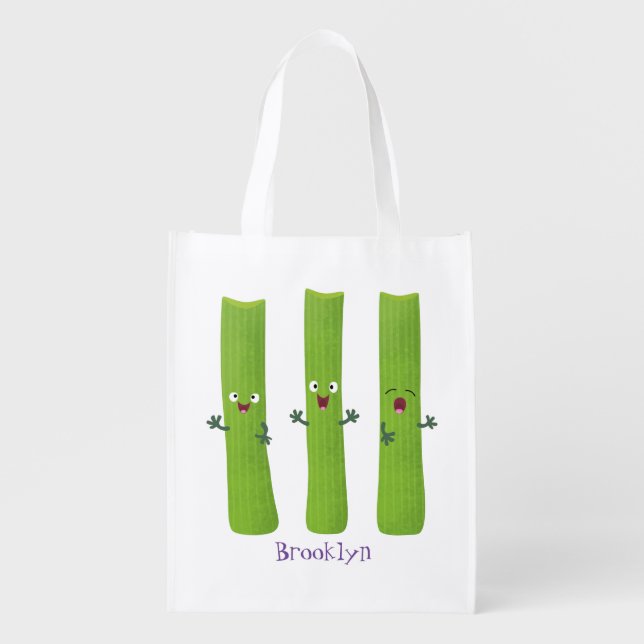 Cute celery sticks trio cartoon vegetables grocery bag (Front)