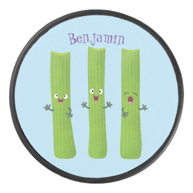 Cute celery sticks trio cartoon vegetables hockey puck (Front)