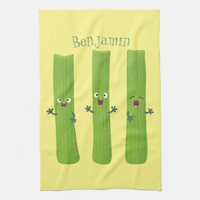 Cute celery sticks trio cartoon vegetables kitchen towel (Vertical)