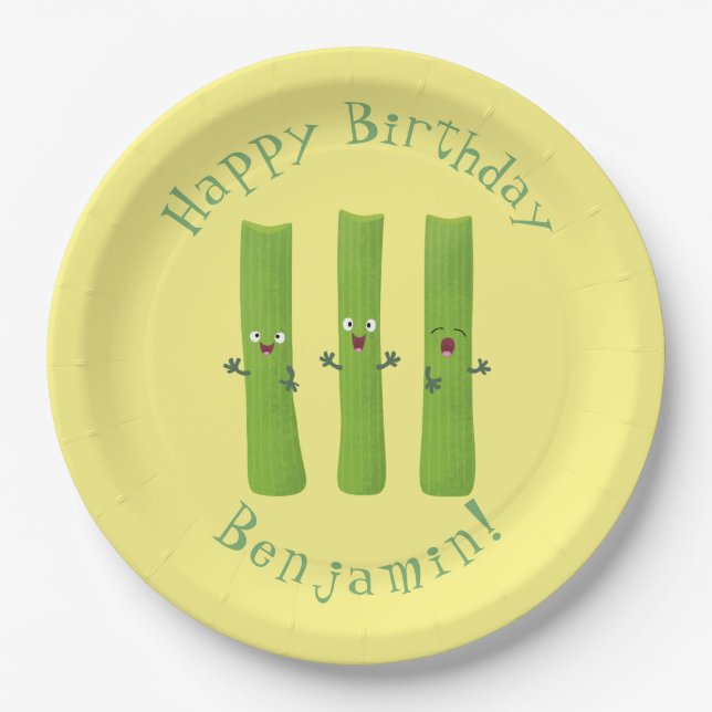 Cute celery sticks trio cartoon vegetables paper plates (Front)