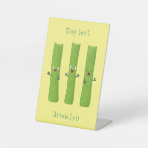 Cute celery sticks trio cartoon vegetables pedestal sign