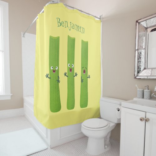 Cute celery sticks trio cartoon vegetables shower curtain