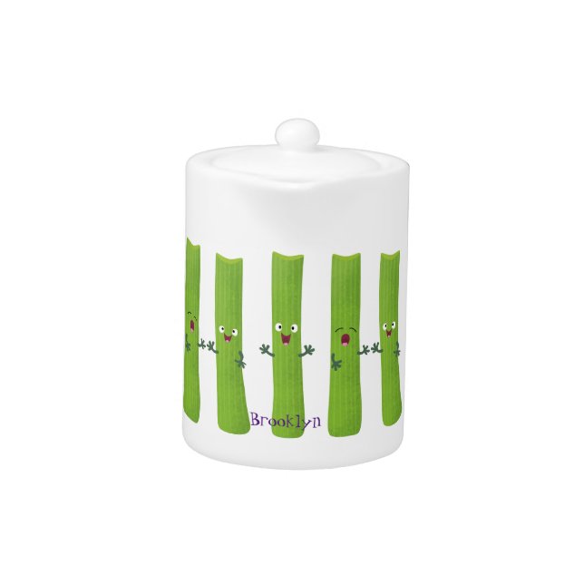 Cute celery sticks trio cartoon vegetables teapot (Front)