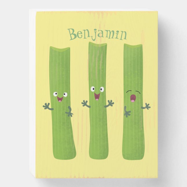 Cute celery sticks trio cartoon vegetables  wooden box sign (Front Vertical)