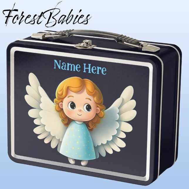 Cute Celestial Angel Girl w/ Wings Cartoon Graphic Metal Lunch Box (Angel, Black ForestBabies Lunch Box)