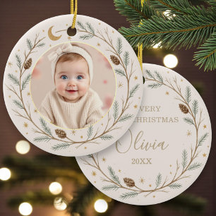 Cute Celestial Baby First Christmas Photo Ceramic Ornament