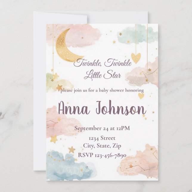 Cute Celestial Baby Shower Invitation | Watercolor (Front)