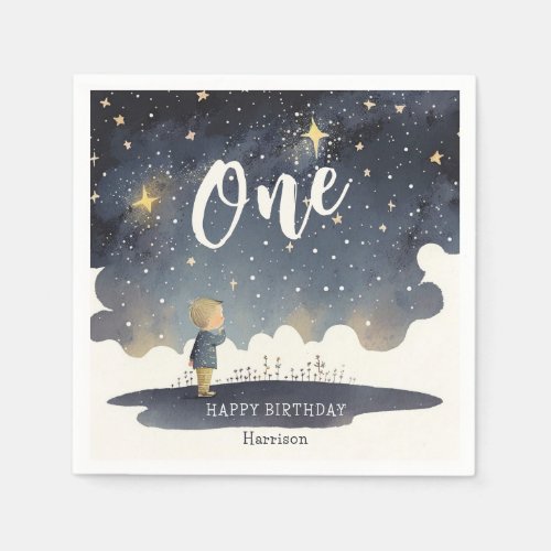 Cute Celestial Birthday Stars Watercolor Boy Napkins