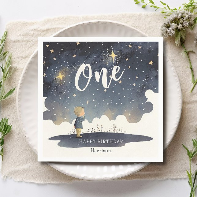 Cute Celestial Birthday Stars Watercolor Boy Napkins (Creator Uploaded)