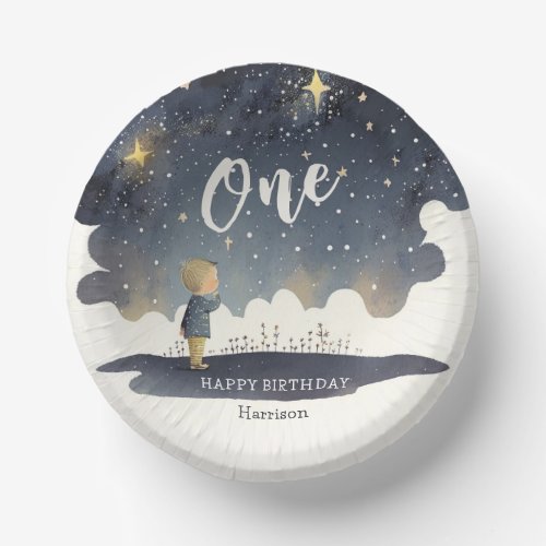 Cute Celestial Birthday Stars Watercolor Boy Paper Bowls