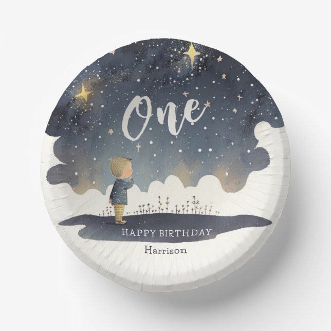 Cute Celestial Birthday Stars Watercolor Boy Paper Bowls (Front)
