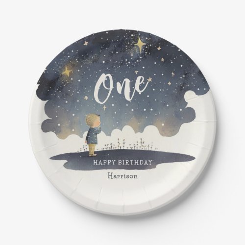 Cute Celestial Birthday Stars Watercolor Boy Paper Plates