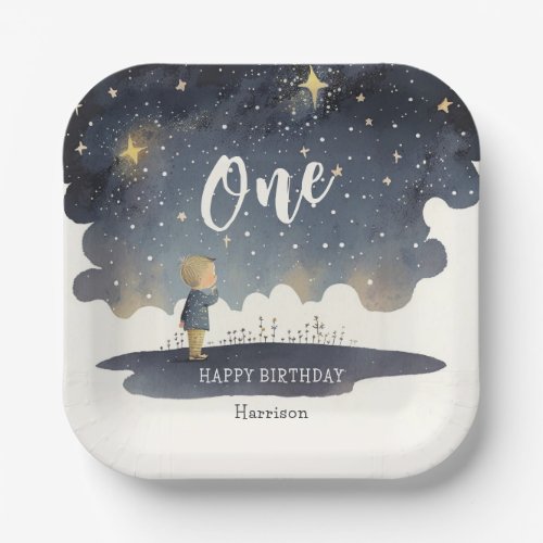 Cute Celestial Birthday Stars Watercolor Boy Paper Plates