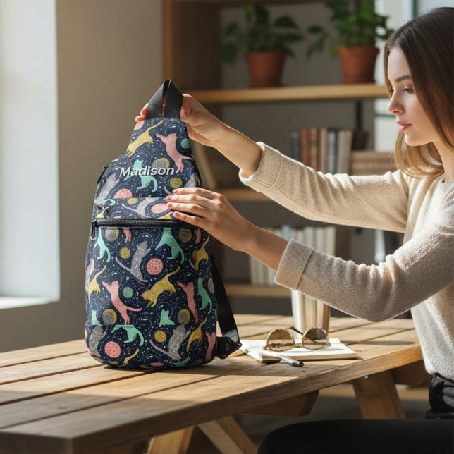 Cute Celestial Mystical Space Cats Personalized Sling Bag (Creator Uploaded)