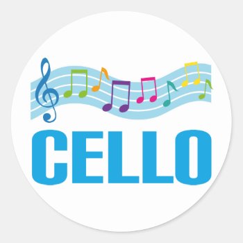 Cute Cello Music Staff Blue Classic Round Sticker by madconductor at Zazzle
