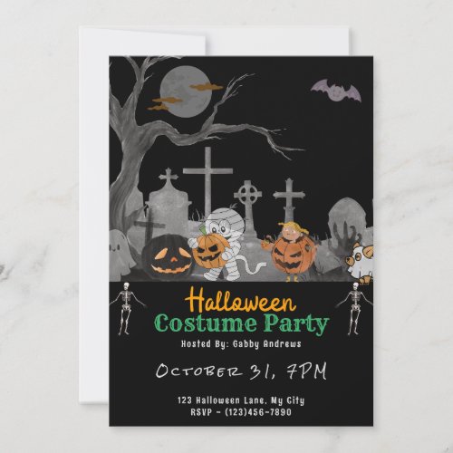 Cute Cemetery with Ghosts Mummy Black Halloween Invitation