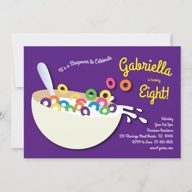 Cute Cereal Bowl Kids Sleepover Birthday Party Invitation (Front)
