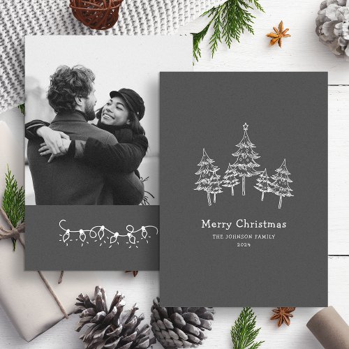 Cute Chalk Christmas Trees Black White Photo  Holiday Card