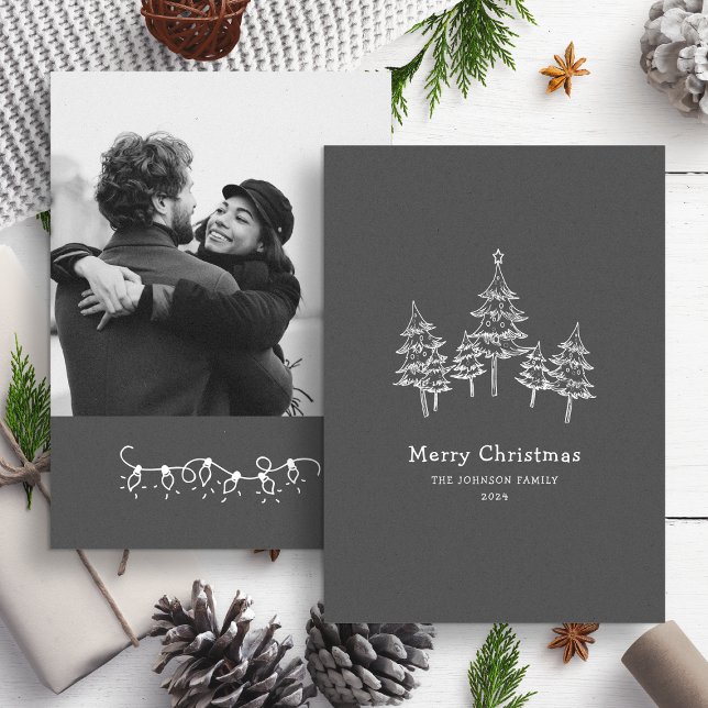 Cute Chalk Christmas Trees Black White Photo  Holiday Card (Creator Uploaded)