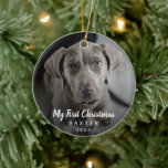Cute Chalk Script Dog Photo My First Christmas Ceramic Ornament<br><div class="desc">Did you get a new puppy this year? Add a memory to your tree with this modern keepsake ornament featuring a simple yet elegant design with the message "My First Christmas" in white chalk script along with your dog's name and the year, over your favorite photo. Add the same photo...</div>