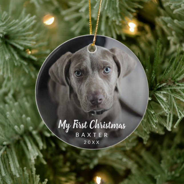 Cute Chalk Script Dog Photo My First Christmas Ceramic Ornament (Tree)