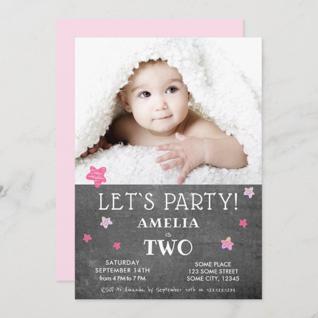 Cute Chalkboard 2nd Birthday Party Invitation Card (Front/Back)