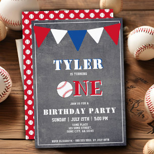 Cute Chalkboard Baseball 1st Birthday Invitation