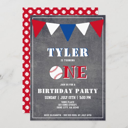 Cute Chalkboard Baseball 1st Birthday Invitation