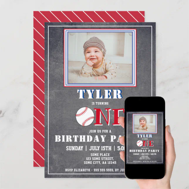 Cute Chalkboard Baseball Photo 1st Birthday Invitation | Zazzle