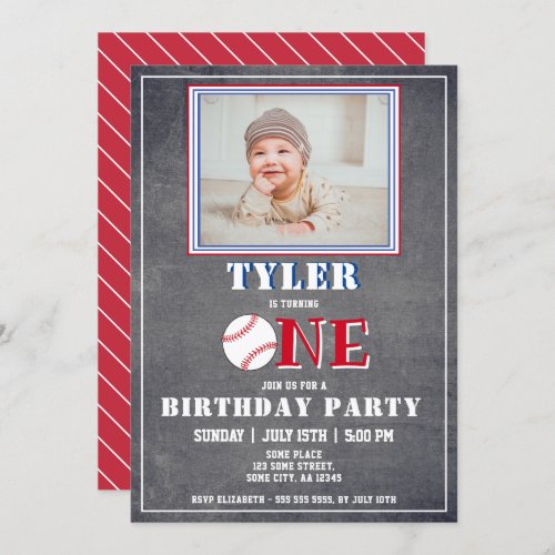 Cute Chalkboard Baseball Photo 1st Birthday Invitation