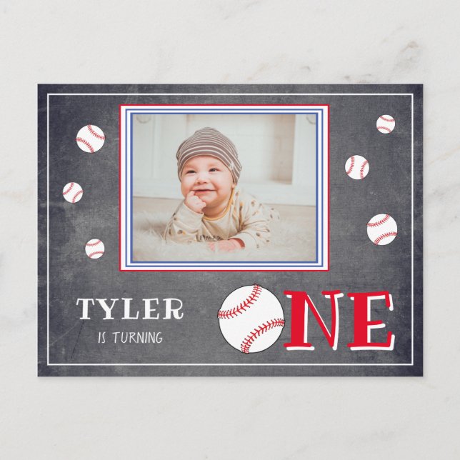 Cute Chalkboard Baseball Photo 1st Birthday Invitation Postcard (Front)