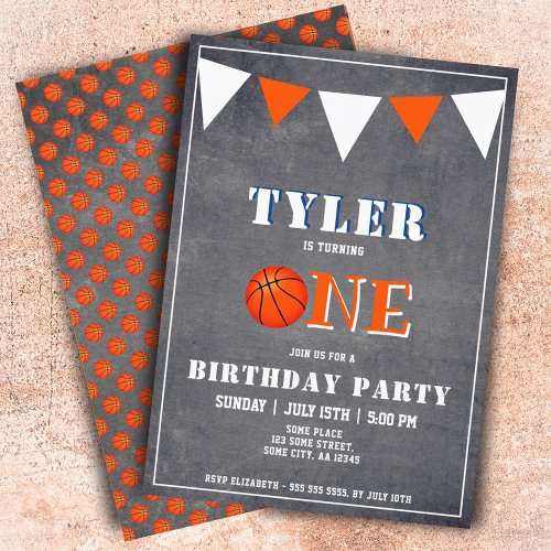 Cute Chalkboard Basketball 1st Birthday Invitation