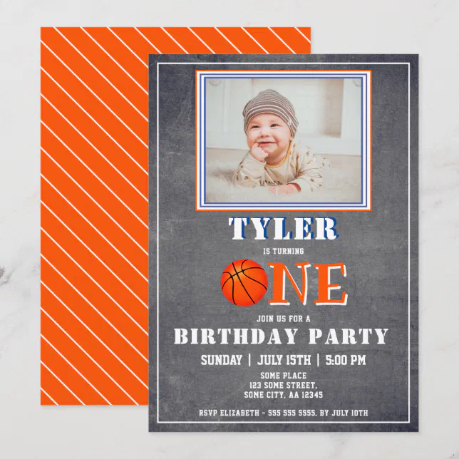 Cute Chalkboard Basketball Photo 1st Birthday Invitation | Zazzle