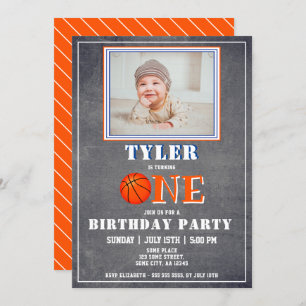 Cute Chalkboard Basketball Photo 1st Birthday Invitation
