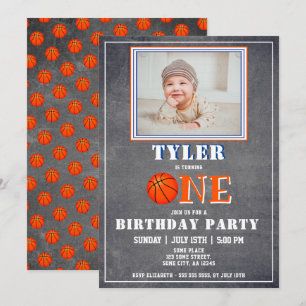 Cute Chalkboard Basketball Photo 1st Birthday Invitation