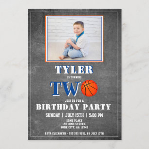 Cute Chalkboard Basketball Photo 2nd Birthday Invitation