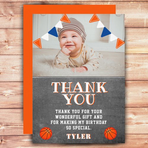 Cute Chalkboard Basketball Photo Birthday Thank You Card