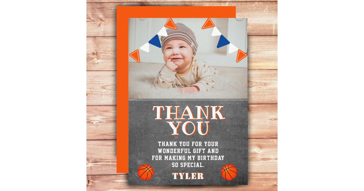 Cute Chalkboard Basketball Photo Birthday Thank You Card | Zazzle