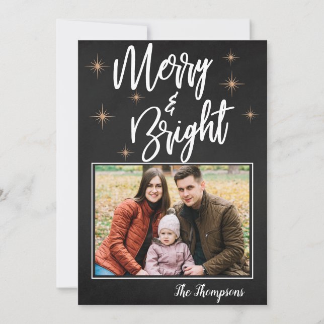 Cute Chalkboard Brush Font MERRY BRIGHT Photo Holiday Card (Front)