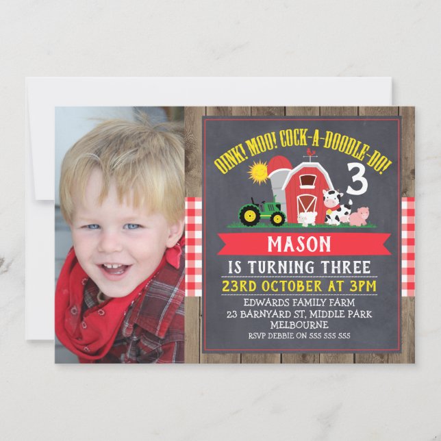Cute Chalkboard Farm Photo Birthday Invitation (Front)