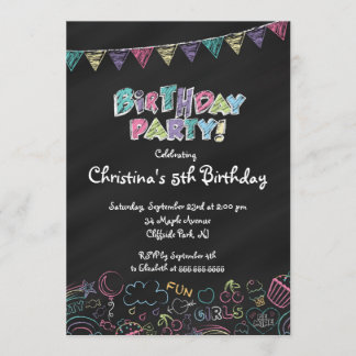 Cute  Chalkboard Girls Birthday Party Invitation