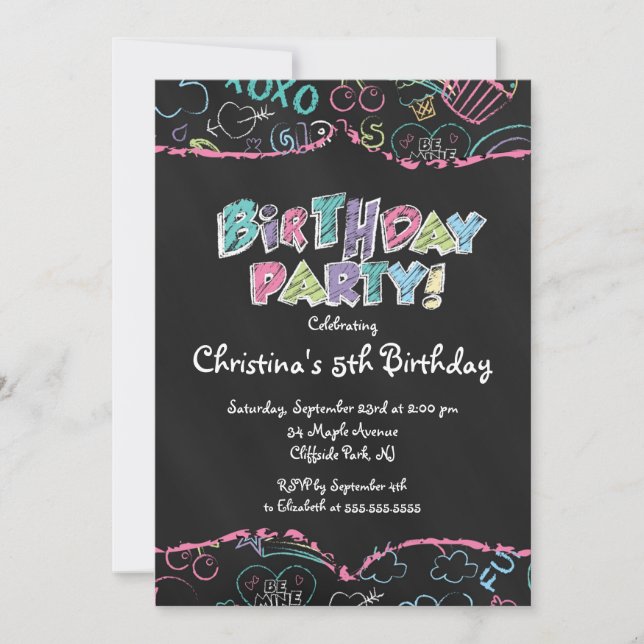 Cute  Chalkboard Girls Birthday Party Invitation (Front)