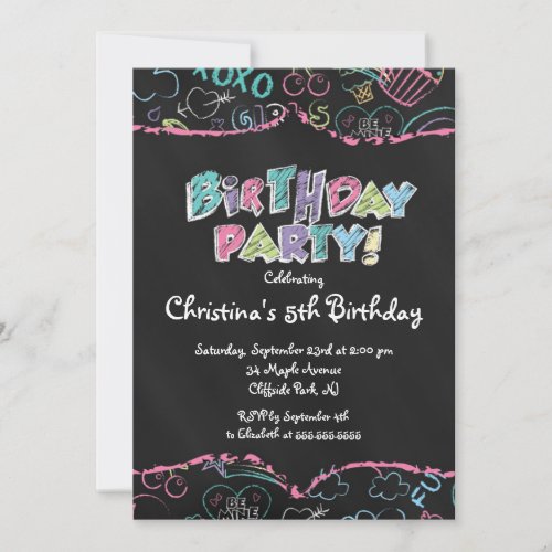 Cute  Chalkboard Girls Birthday Party Invitation 5" X 7" Invitation Card