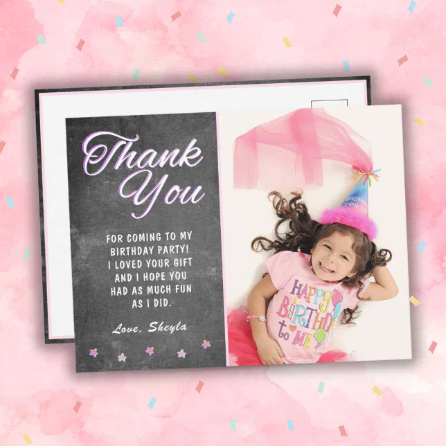 Cute Chalkboard Girly Birthday Photo Thank you Postcard | Zazzle