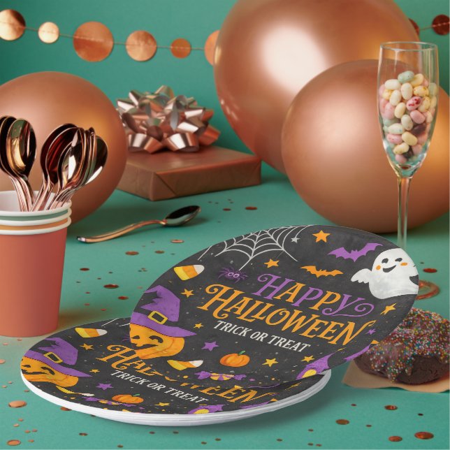 Cute Chalkboard Happy Halloween Kids Party  Paper Plates (Multi)