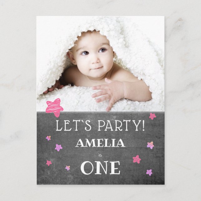 Cute Chalkboard Pink 1st Birthday Invitation Card (Front)